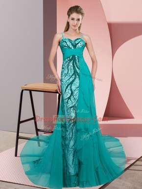 Fabulous Sleeveless Tulle Sweep Train Zipper in Teal with Beading and Lace