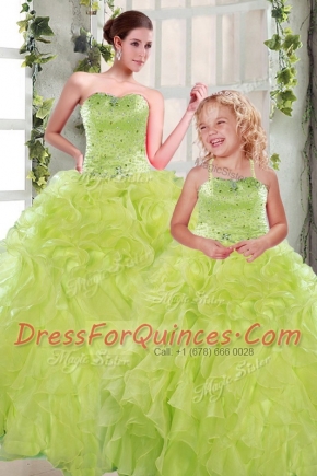 Low Price Strapless Sleeveless Quinceanera Gowns Floor Length Beading and Ruffles Yellow Green Organza