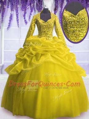Attractive Organza V-neck Long Sleeves Zipper Sequins and Pick Ups Quinceanera Dresses in Yellow