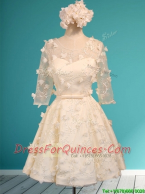 Discount Scoop Half Sleeves Champagne Prom Dresses with Appliques and Belt