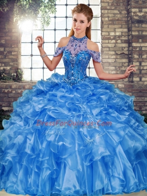 On Sale Halter Top Sleeveless Organza Sweet 16 Dress Beading and Ruffles Lace Up