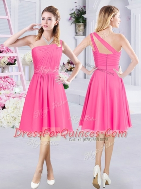Pretty One Shoulder Hot Pink A-line Ruching Damas Dress Zipper Chiffon Sleeveless Knee Length