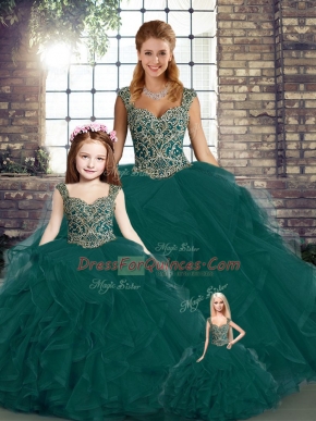 Sexy Sleeveless Floor Length Beading and Ruffles Lace Up Quinceanera Dresses with Peacock Green