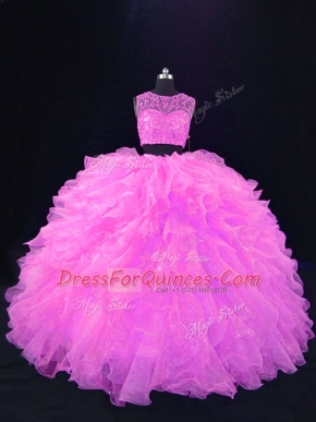 Beading and Ruffles 15 Quinceanera Dress Pink Zipper Sleeveless Floor Length