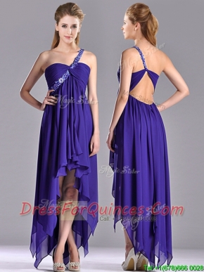Cheap High Low One Shoulder Criss Cross Prom Dress with Beading
