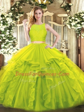 Elegant Yellow Green Sleeveless Tulle Zipper Ball Gown Prom Dress for Military Ball and Sweet 16 and Quinceanera