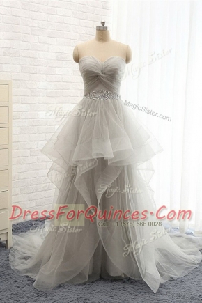 Silver Column/Sheath Ruching Dress for Prom Lace Up Chiffon Sleeveless With Train