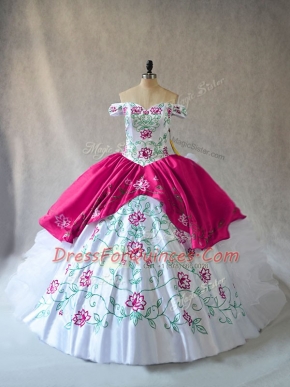 Flirting Pink And White Ball Gowns Off The Shoulder Sleeveless Organza Floor Length Lace Up Embroidery and Ruffles 15th Birthday Dress