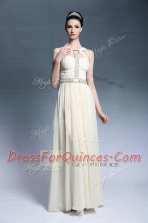Gorgeous Light Yellow Side Zipper Prom Dresses Beading and Ruching Sleeveless Floor Length