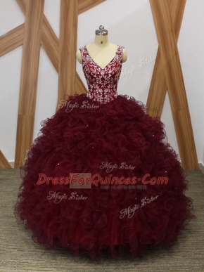 V-neck Sleeveless Backless Sweet 16 Dresses Burgundy Organza
