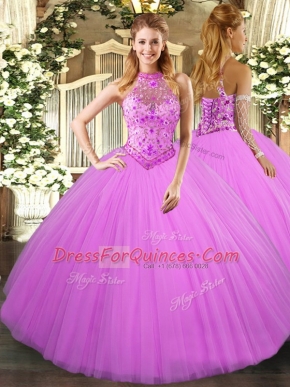 Comfortable Lilac Ball Gowns Halter Top Sleeveless Tulle Floor Length Lace Up Beading and Embroidery Quince Ball Gowns