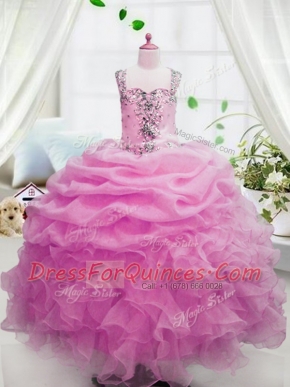 Sleeveless Floor Length Beading and Ruffles and Pick Ups Zipper Little Girl Pageant Dress with Pink