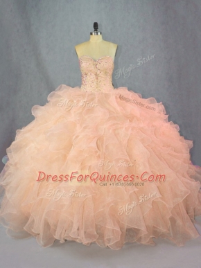 Peach Sweetheart Neckline Beading and Ruffles Sweet 16 Dresses Sleeveless Lace Up