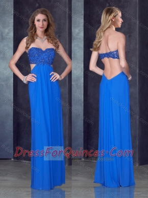 Empire Sweetheart Backless Blue Prom Dress with Beading and Appliques
