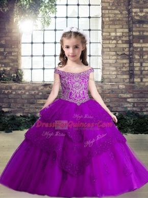 Beading and Lace and Appliques Child Pageant Dress Eggplant Purple Lace Up Sleeveless Floor Length