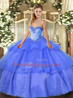Hot Sale Beading and Ruffled Layers Ball Gown Prom Dress Blue Lace Up Sleeveless Floor Length