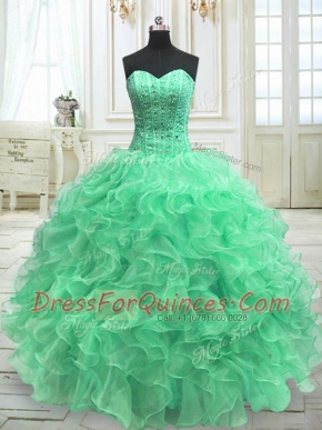 Elegant Green Sleeveless Organza Lace Up Quince Ball Gowns for Military Ball and Sweet 16 and Quinceanera