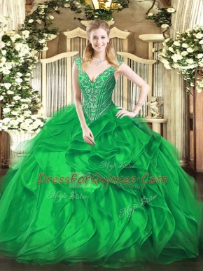 Green V-neck Lace Up Beading and Ruffles 15th Birthday Dress Sleeveless