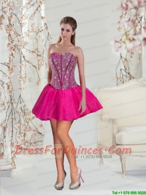 2015 Luxurious Beading Hot Pink Prom Dresses