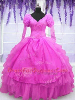 Exquisite Hot Pink Lace Up V-neck Beading and Embroidery and Hand Made Flower 15 Quinceanera Dress Organza Long Sleeves