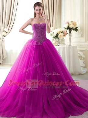 Designer Brush Train Ball Gowns Quinceanera Dress Fuchsia Sweetheart Tulle Sleeveless With Train Lace Up