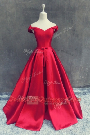 Pretty Off the Shoulder Satin Short Sleeves With Train Sweep Train and Sashes ribbons and Bowknot