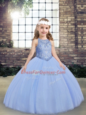 Floor Length Light Blue Little Girl Pageant Gowns Scoop Sleeveless Lace Up