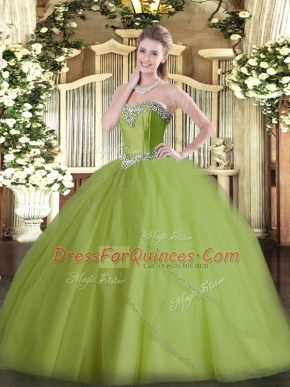 Exceptional Beading Sweet 16 Quinceanera Dress Olive Green Lace Up Sleeveless Brush Train