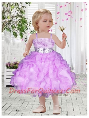 Beautiful Ball Gown Straps Hand Made Flowers Lliac Little Girl Dress with Tea-length