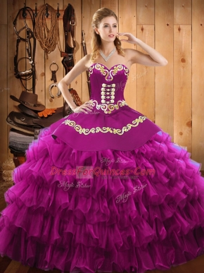 Fuchsia Sleeveless Embroidery and Ruffled Layers Floor Length Ball Gown Prom Dress