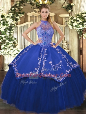 Extravagant Halter Top Sleeveless Lace Up Quinceanera Dresses Blue Tulle