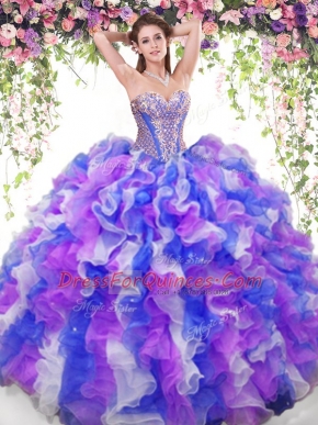 Affordable Sweetheart Sleeveless Organza Sweet 16 Dress Beading and Ruffles Lace Up