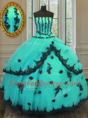 Turquoise Sleeveless Tulle Lace Up 15th Birthday Dress for Military Ball and Sweet 16 and Quinceanera