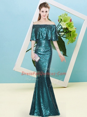 Sequined Off The Shoulder Sleeveless Zipper Sequins Homecoming Dress in Teal