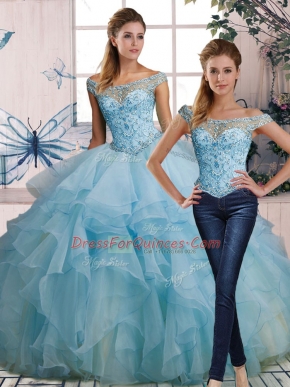 Wonderful Sleeveless Floor Length Beading and Ruffles Lace Up Quinceanera Gown with Light Blue