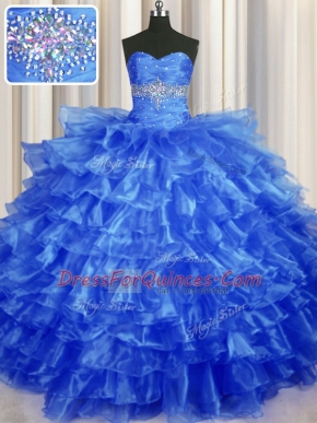 Most Popular Ruffled Layers Ball Gowns Quince Ball Gowns Royal Blue Sweetheart Organza Sleeveless Floor Length Lace Up
