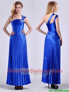 Discount Royal Blue Ankle Length Prom Dress with Beading and Pleats