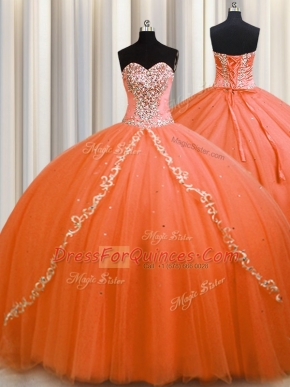 Fashionable Orange Tulle Lace Up Sweetheart Sleeveless Quinceanera Gown Brush Train Beading