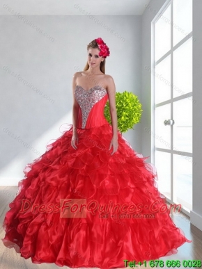 2015 Custom Made Red Quinceanera Dress with Ruffles and Beading
