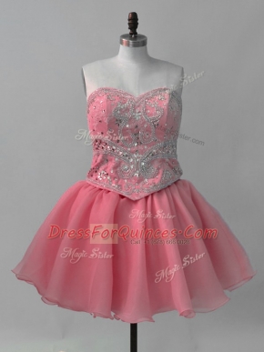 Mini Length Lace Up Prom Dresses Watermelon Red for Prom and Party and Military Ball with Beading