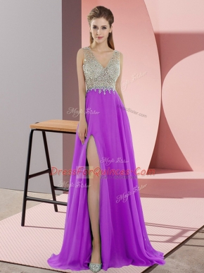 Lovely Lavender Chiffon Zipper V-neck Sleeveless Prom Party Dress Sweep Train Beading