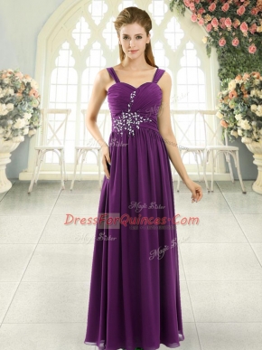 Sophisticated Dark Purple Spaghetti Straps Neckline Beading and Ruching Prom Party Dress Sleeveless Lace Up