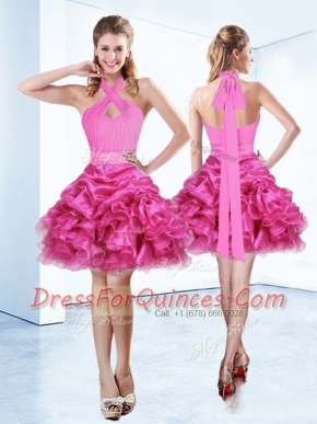 Free and Easy Halter Top Sleeveless Organza Mini Length Zipper Prom Evening Gown in Hot Pink with Ruffles and Ruching and Belt