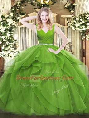 Beauteous Ball Gowns 15 Quinceanera Dress V-neck Tulle Sleeveless Floor Length Zipper