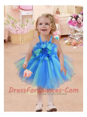 Baby Blue Straps Short Tea-length Little Girl Dresses with Hand Made Flowers