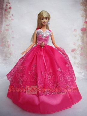 Lovely Hot Pink Ball Gown Taffeta and Organza Barbie Doll Dress