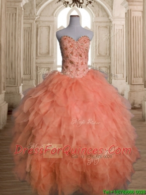 Unique Big Puffy Orange Red Quinceanera Dress with Beading and Ruffles