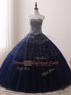 Low Price Beading Sweet 16 Dress Navy Blue Lace Up Sleeveless Floor Length