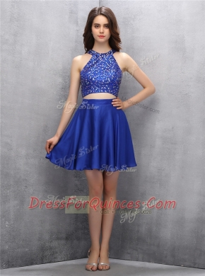 Royal Blue Halter Top Zipper Beading Dress for Prom Sleeveless