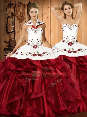 Wine Red Lace Up Quince Ball Gowns Embroidery and Ruffles Sleeveless Floor Length